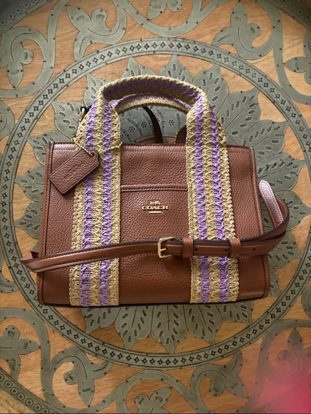 Coach Brown Leather Satchel with Purple & Cream Woven Straps